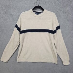 Point Zero Sweater Vintage Men's Large Blue Striped Cream Knit Long Sleeve Y2K